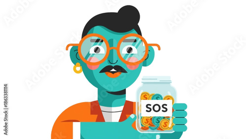A person in distress holding a bottle of pills with an SOS label, symbolizing a cry for help in a mental health crisis.