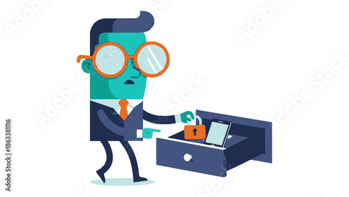 A cartoon character in a suit and glasses searching through a filing cabinet drawer containing documents and files.