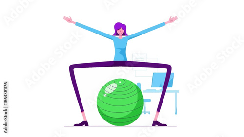 Woman exercising with balance on a yoga ball in a serene office environment