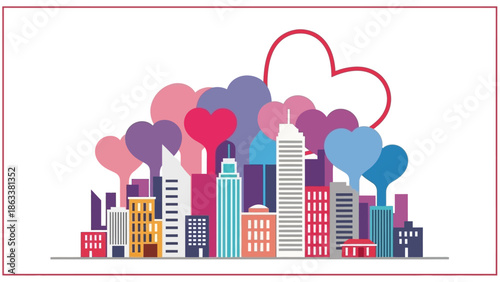Cityscape with Heart-Shaped Clouds and Vibrant Buildings