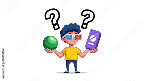A cartoon character holding a green orb and a purple card while wearing futuristic glasses and standing in a puzzled pose