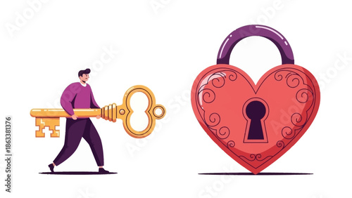 Man holding a large golden key approaching a heart-shaped lock