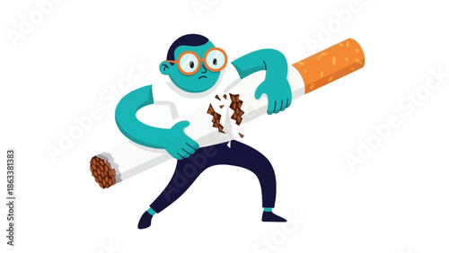 A cartoon character with multiple limbs holding a giant cigarette is depicted in a dynamic pose against a plain white background
