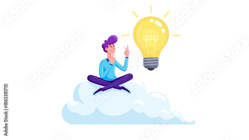 Meditative person floating on clouds with a glowing lightbulb above