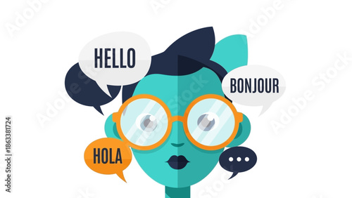 Illustration of a person communicating in multiple languages with speech bubbles and diverse greetings