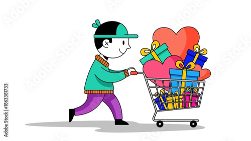 A person pushing a shopping cart full of gifts and a heart, conveying a sense of generosity and love.