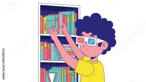 Young person browsing through a colorful bookshelf while wearing 3D glasses