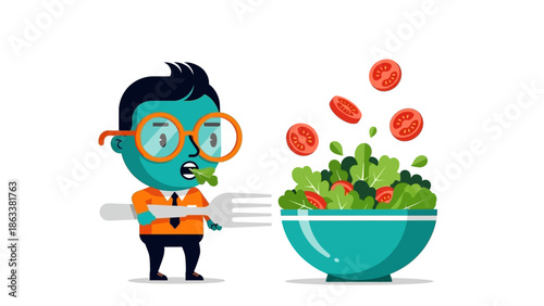A cartoon man enthusiastically preparing a healthy salad with fresh vegetables