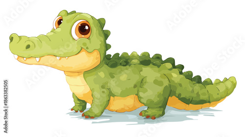 Adorable Baby Crocodile Cartoon Vector with Outline on White Background