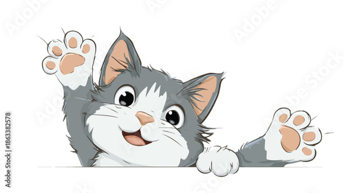 Adorable Cartoon Cute Cat Waving on White Background Vector with Outline