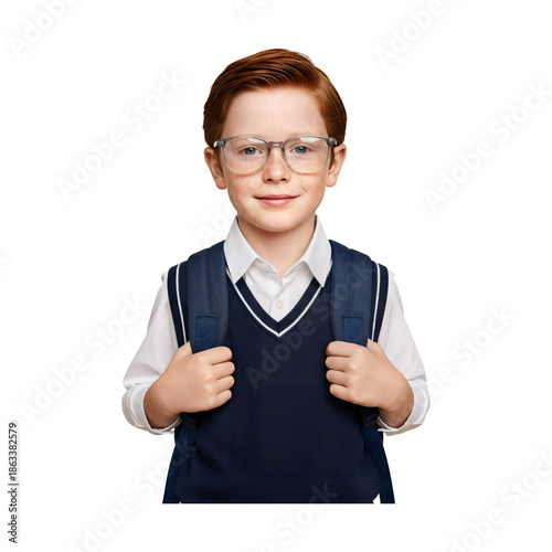 Happy Young School Boy Wearing Uniform and Carrying Blue Backpack