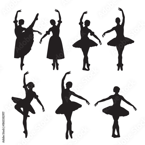 Ballet Dancer Silhouettes Set: Elegant Ballerina Poses for Dance Performance and Artistic Designs in Vector Format