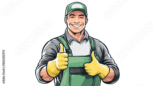 Professional Cleaning Worker Showing Thumbs Up Pose Vector Illustration