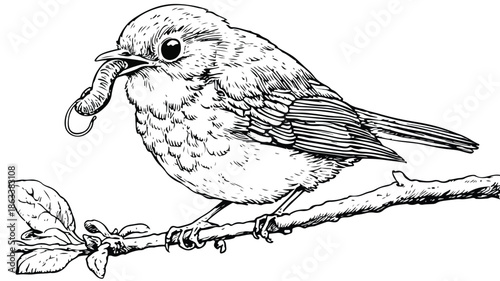 Adorable Bird Feeding Behavior Pulling Worm from Ground Vector Illustration