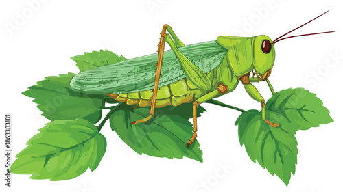 Adorable Cartoon Grasshopper Feasting on Green Leaves Vector Illustration