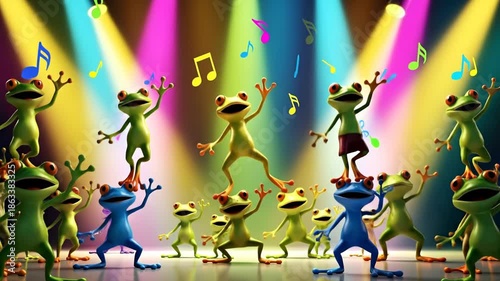 A vibrant group of animated frogs dancing on a colorful stage.