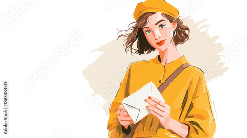 Professional Postgirl Posing and Holding Envelope Vector with Outline Isolated
