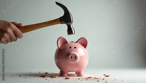 Hammer hits pink piggy bank on white surface scattering coins and debris. Concept of breaking savings, financial crisis, or wealth loss.