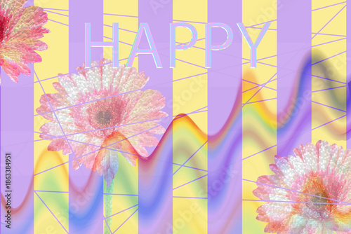 Trendy wavy geometric collage with pink gerbera flowers, neon HAPPY text on yellow purple gradient background, vibrant retro-futuristic design for posters, social media or branding banners.