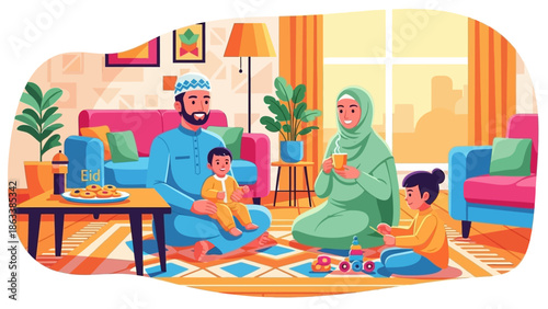 Muslim family enjoying quality time together at home celebrating Eid al-Fitr.