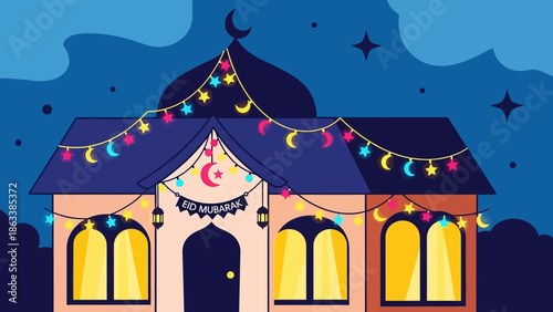A beautifully decorated mosque with colorful crescent moon and star lights for Ramadan celebration.
