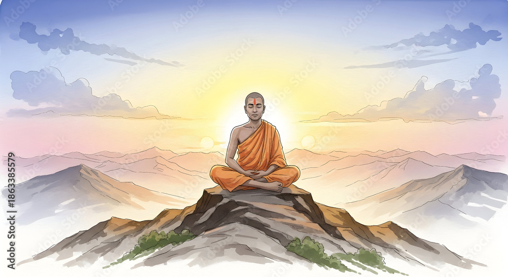 Obraz premium Peaceful Buddhist Monk Meditating atop Mountain Peak at Sunrise, Serene Spiritual Enlightenment Landscape Illustration