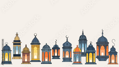 Collection of traditional Islamic lanterns illuminating a festive atmosphere.
