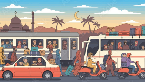 Bustling street scene with diverse people and various modes of transportation.