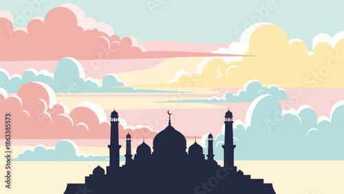 Silhouette of a mosque with minarets and dome.