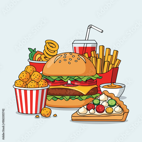 Illustration of delicious fast food items including a cheeseburger french fries and various snacks.