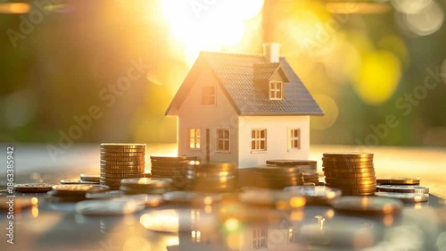 Small house model surrounded by stacks of coins, symbolizing property investment.