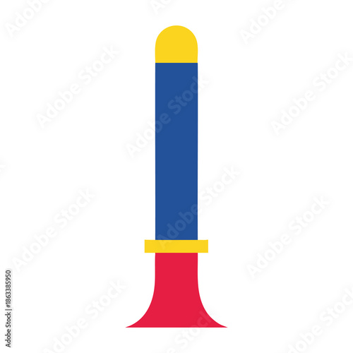 Colorful party horn blower with blue red and yellow design for celebrations.