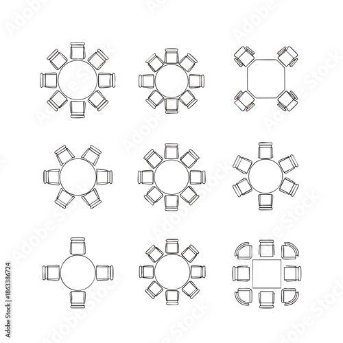 Top View Dining Table and Chairs Layouts for Event Planning.