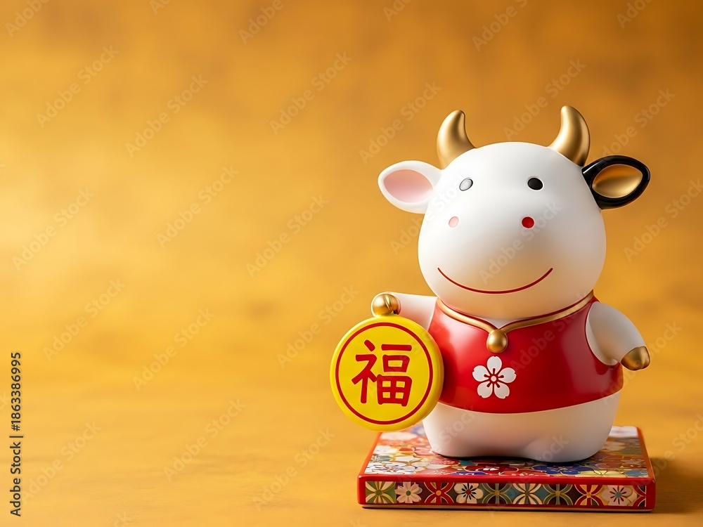 Naklejka premium Cute 3D Lunar New Year Ox Standing with Lucky Coin. Generative Ai