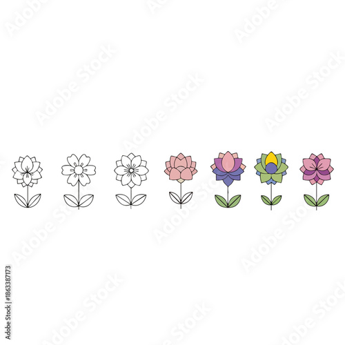 Colorful Floral Design Elements with Unique Petals and Leaves.