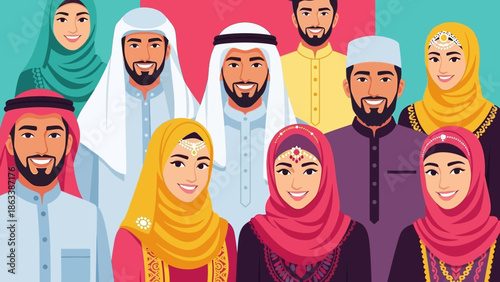 Diverse group of Muslim men and women in traditional attire.