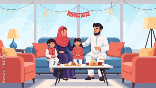 Muslim family celebrating Eid al-Fitr together at home.