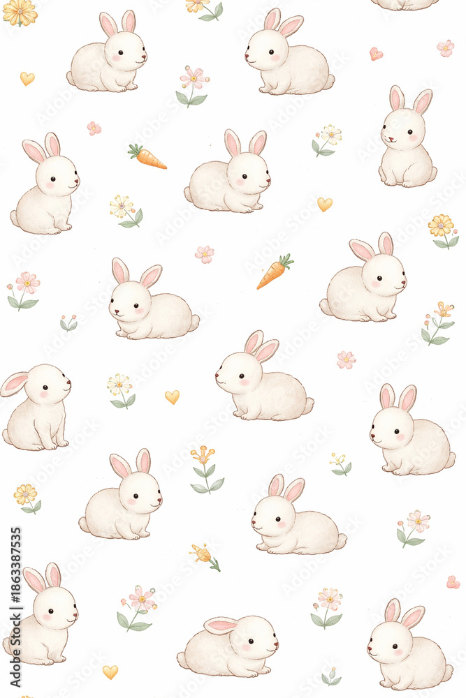 Fototapeta premium Seamless Watercolor Pattern with Cute White Rabbits, Spring Flowers and Carrots on White Background