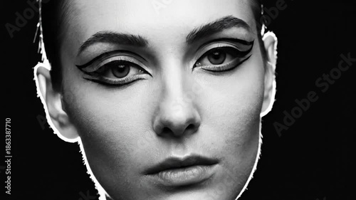 Striking Black and White Portrait of a Woman with Bold Eyeliner.