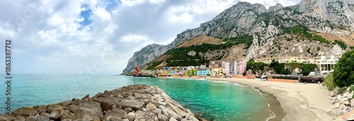 Catalan Bay: panorama view of the bay and fishing village with beach in Gibraltar, Rock of Gibraltar, Strait of Gibraltar, Mediterranean Sea, British Overseas Territory, Europe