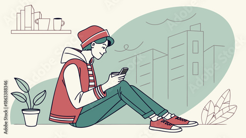 Vector image of a young person sitting on the floor with coffee and a smartphone, urban lifestyle style, vibrant colors.