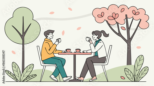 Vector image of a couple having coffee together at an outdoor table, lighthearted atmosphere, modern cartoon style.
