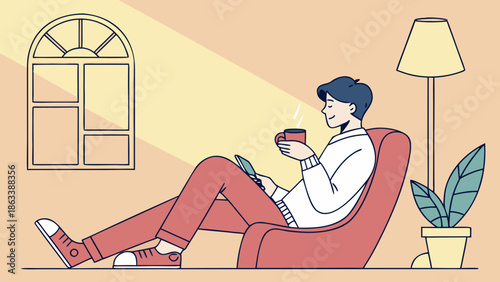 Vector image of a man relaxing at home on the sofa with a cup of coffee, soft light, cozy and modern color palette.