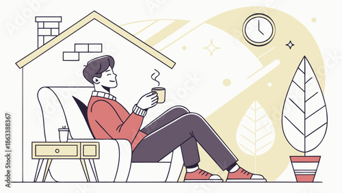 Vector image of a man relaxing at home on the sofa with a cup of coffee, soft light, cozy and modern color palette.