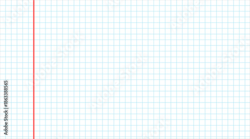 Background of white squared notebook paper with a red margin line. Grid math paper texture for school or education design.