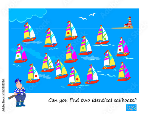 Can you find two identical sailboats? Logic puzzle for children and adults. Game Seek and Find. Page for kids brain teaser book. Task for the most attentive. IQ test. Hand drawn vector illustration.