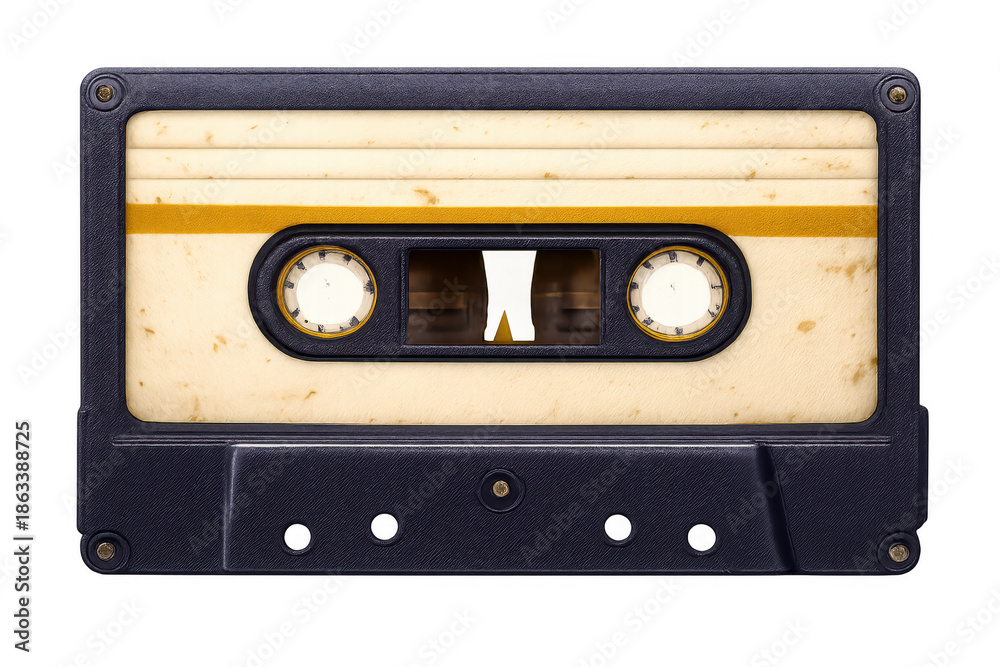 Obraz premium Vintage audio cassette tape showing classic music recording technology from the 80s and 90s, transparent background