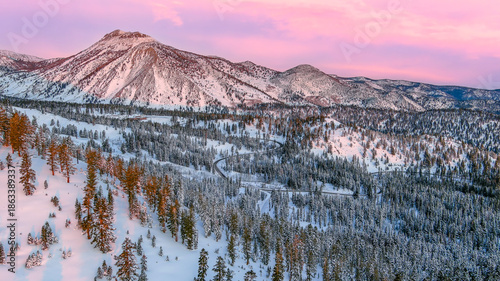 Snowcapped Mount Rose rises majestically over Washoe Valley, Nevada, during winter. The landscape is blanketed in snow, with scattered shrubs dotting the foreground.