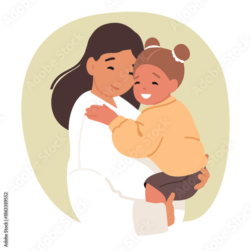 Cartoon portrait of young mother holding her loving toddler daughter in hands in love hugs