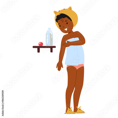 Cute girl child cartoon character applying skin oil for body care after shower isolated on white